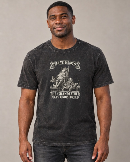 The Grandfather On A Tortoise Royal Decree Vintage T-shirt – black, small print on model (AI mockup)