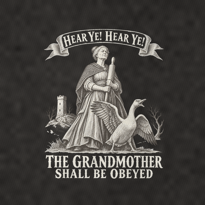 The Grandmother And The Goose Royal Decree Vintage T-shirt – black, print and cotton detail (AI mockup)