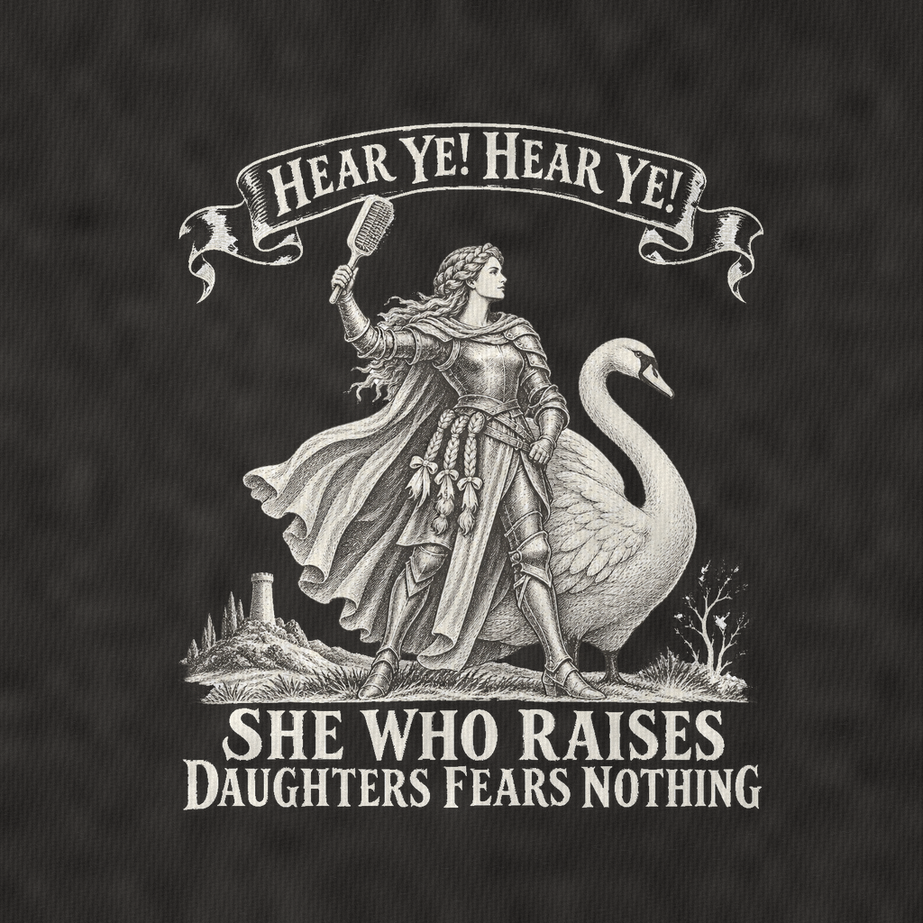 The Mother Of Daughters On A Swan Royal Decree Vintage T-shirt – black, print and cotton detail (AI mockup)