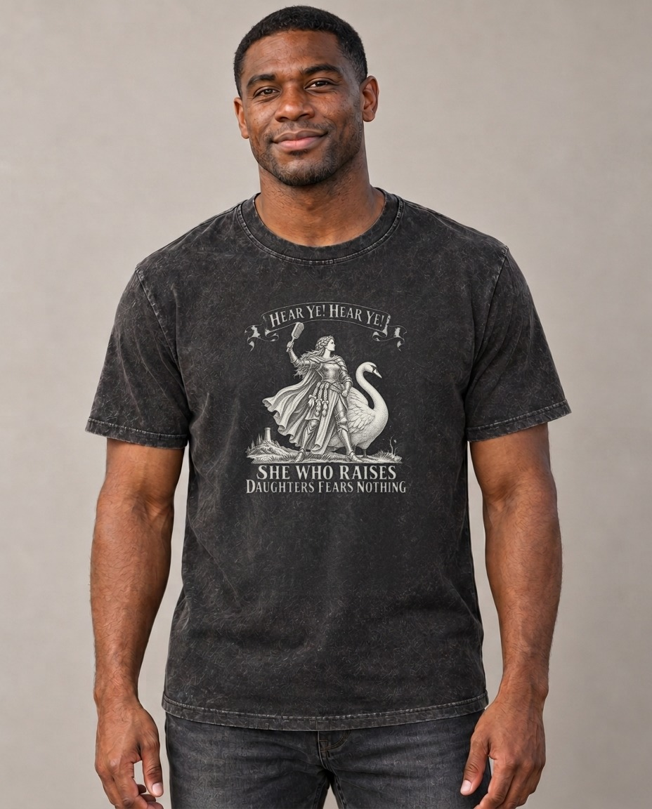 The Mother Of Daughters On A Swan Royal Decree Vintage T-shirt – black, small print on model (AI mockup)