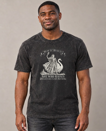 The Mother Of Daughters On A Swan Royal Decree Vintage T-shirt – black, small print on model (AI mockup)
