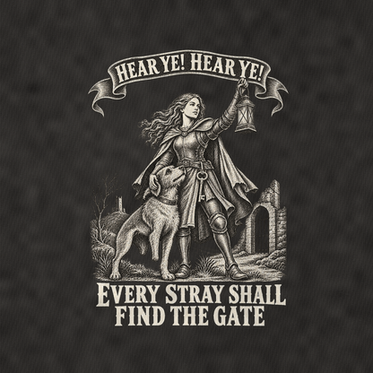 The Rescue Keeper And The Three Legged Hound Royal Decree Vintage T-shirt – black, print and cotton detail (AI mockup)
