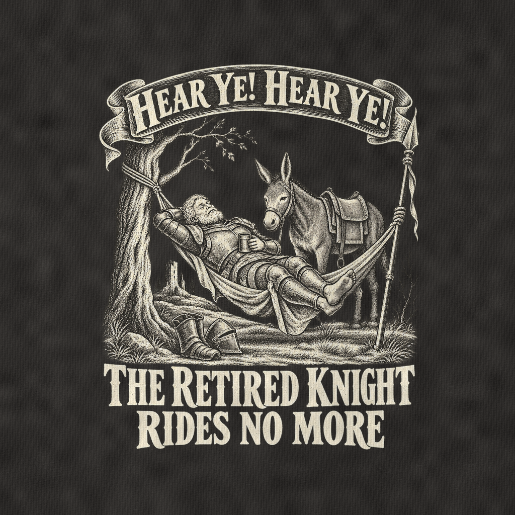 The Retired Knight In A Hammock Royal Decree Vintage T-shirt – black, print and cotton detail (AI mockup)