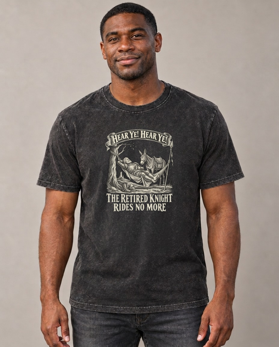 The Retired Knight In A Hammock Royal Decree Vintage T-shirt – black, small print on model (AI mockup)