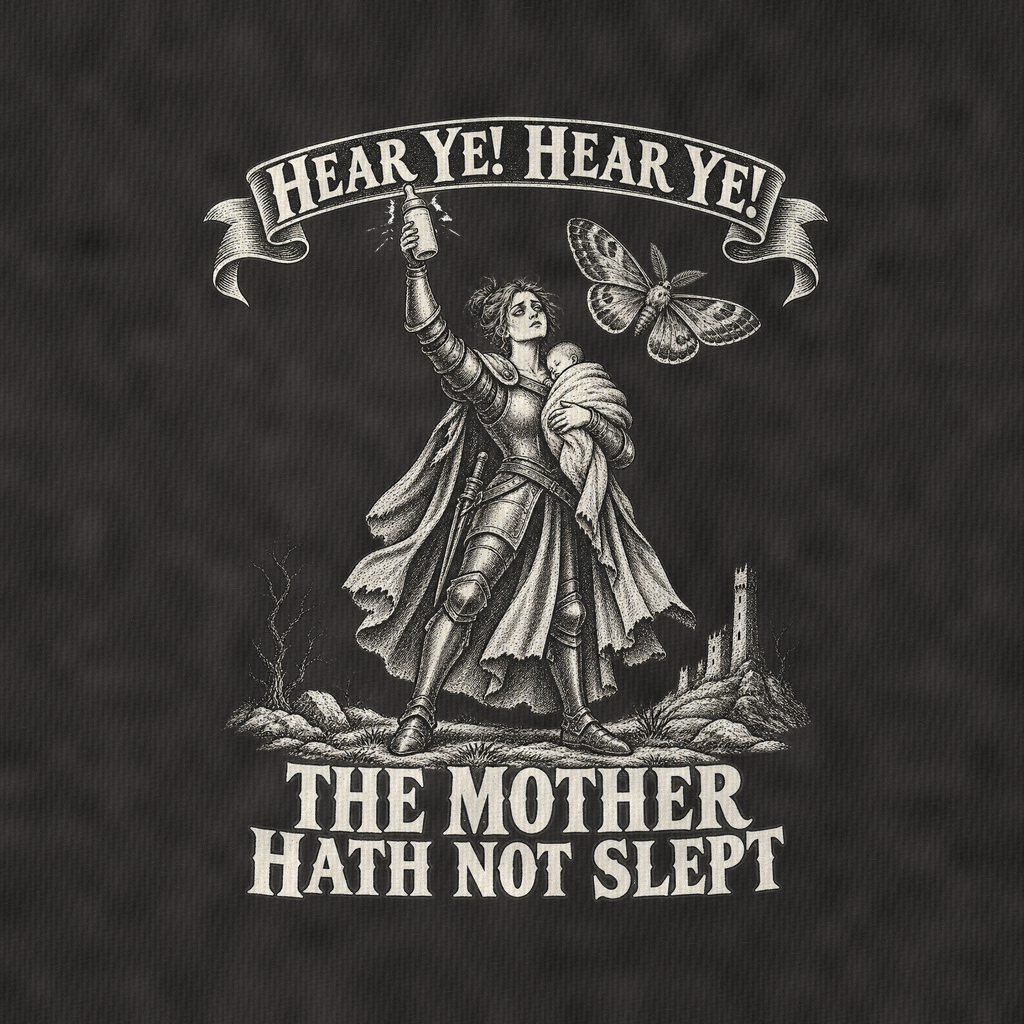 The Sleepless Mother And The Moth Royal Decree Vintage T-shirt – black, print and cotton detail (AI mockup)