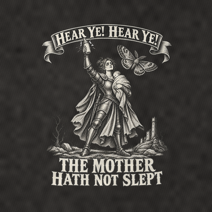 The Sleepless Mother And The Moth Royal Decree Vintage T-shirt – black, print and cotton detail (AI mockup)