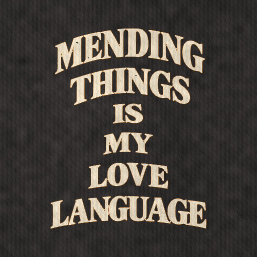 Mending Things Is My Love Language Quiet Statements Vintage T-shirt – black, print and cotton detail (AI mockup)