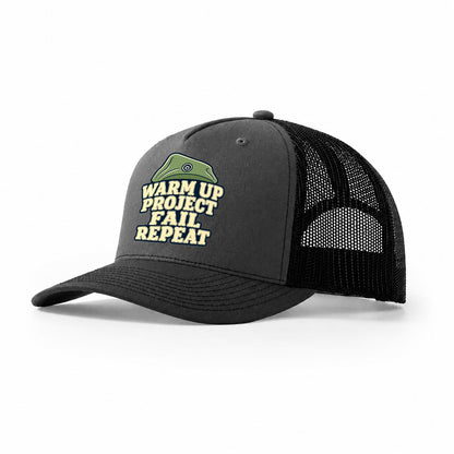 Warm Up Project Fail Repeat Rock Climbing Trucker Hat – Dark Grey Black