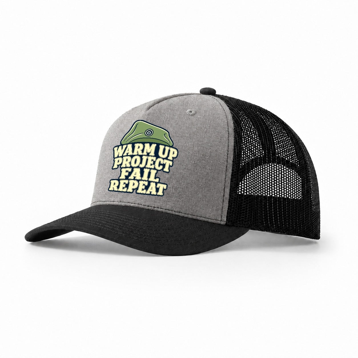 Warm Up Project Fail Repeat Rock Climbing Trucker Hat – Grey Black