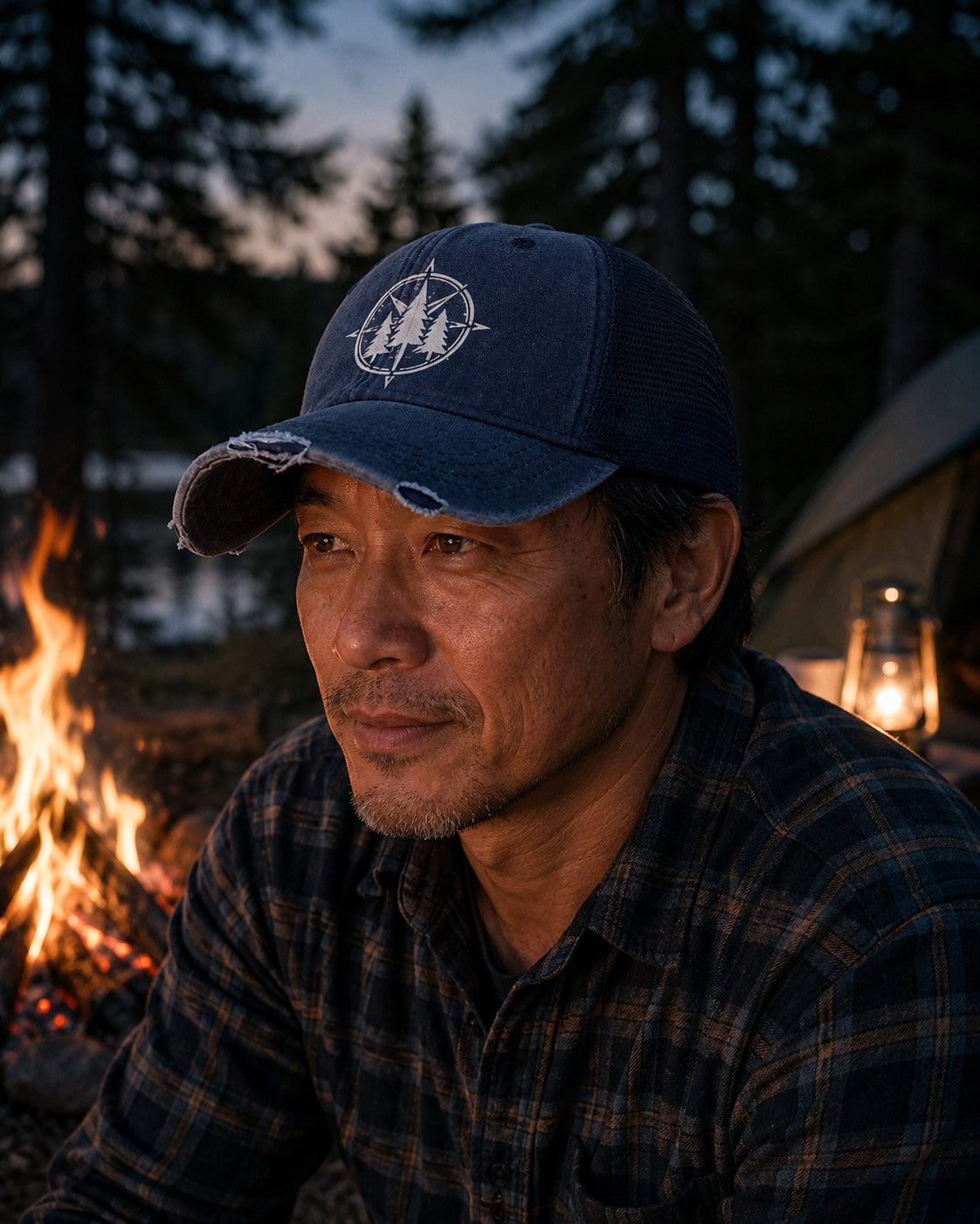 Navy washed trucker hat with printed pine compass design at a campfire