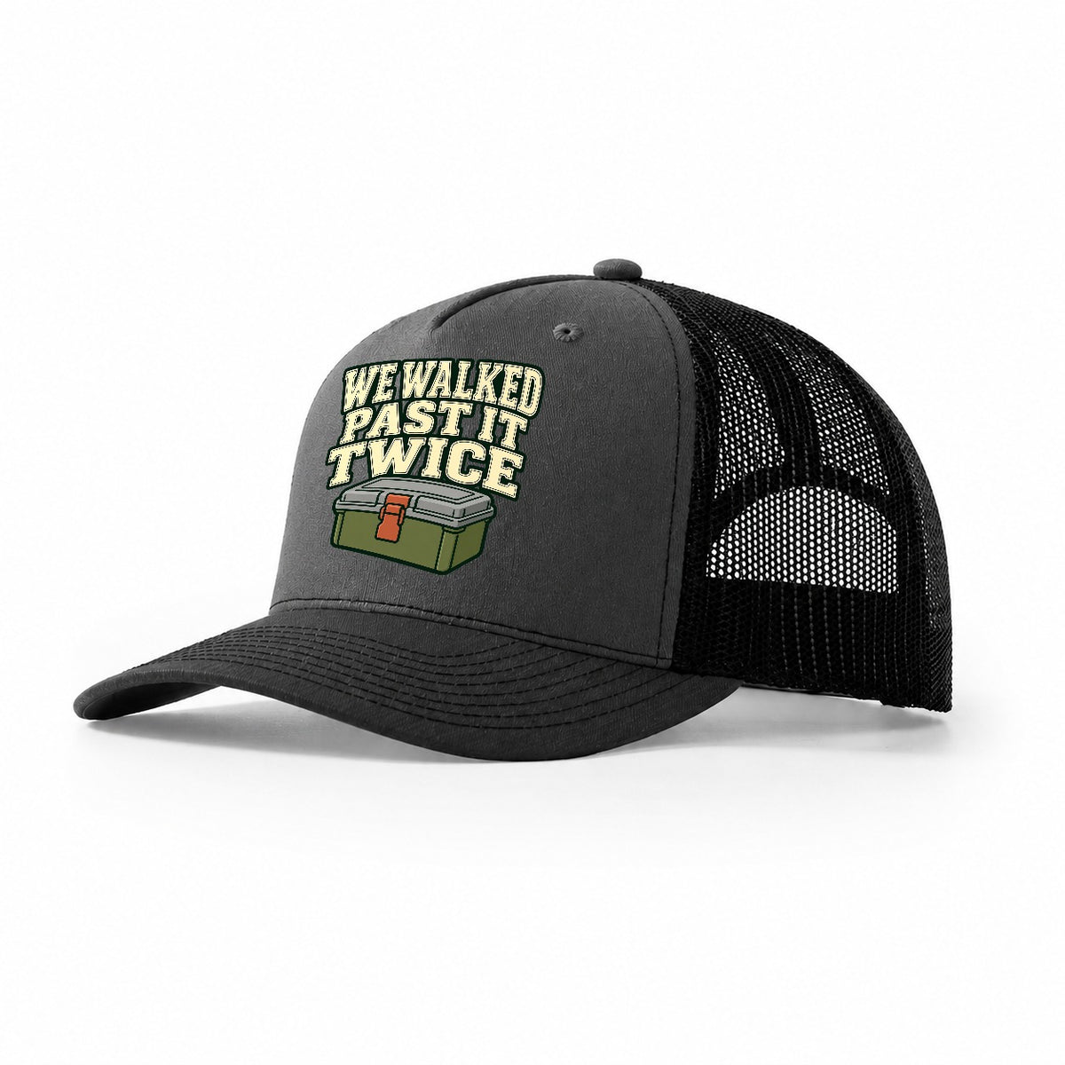 We Walked Past It Twice Geocaching Trucker Hat – Dark Grey Black