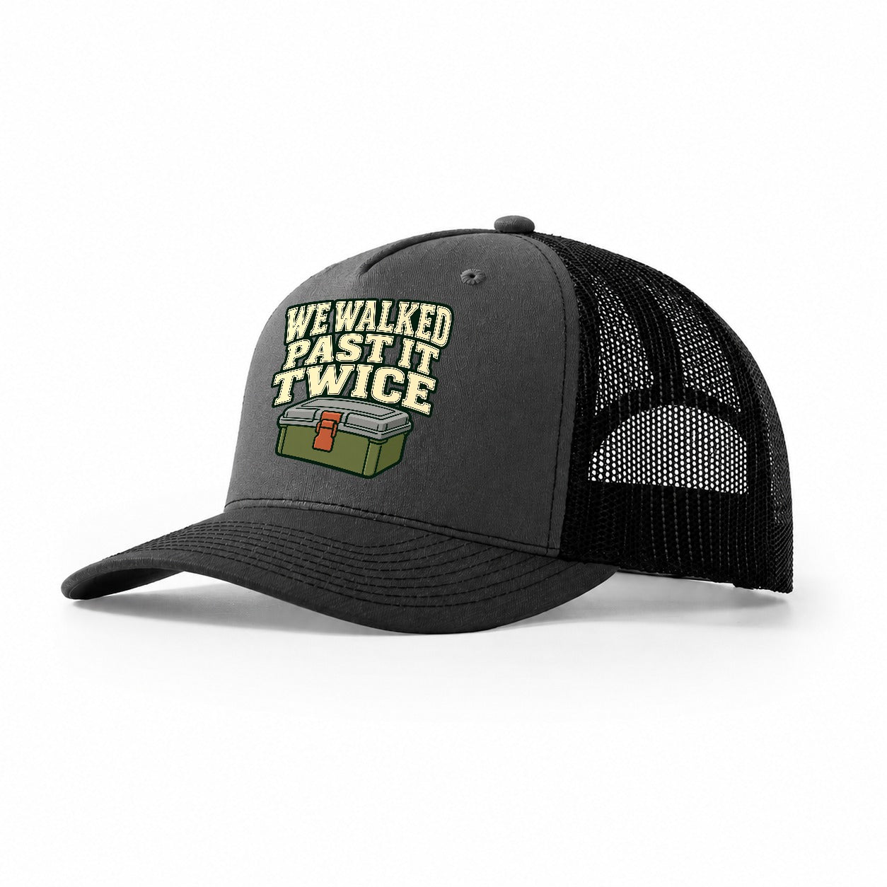 We Walked Past It Twice Geocaching Trucker Hat – Dark Grey Black