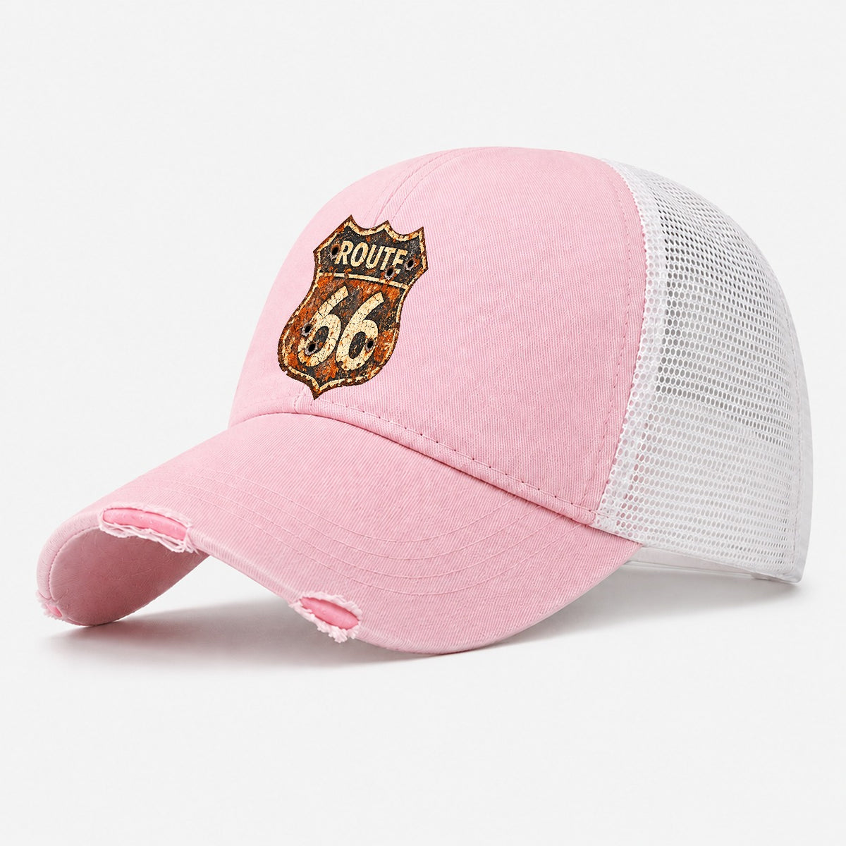 Weathered Marker Rust Aged Route 66 Sign Desert Sun Bleached Washed Trucker Hat – Light Pink