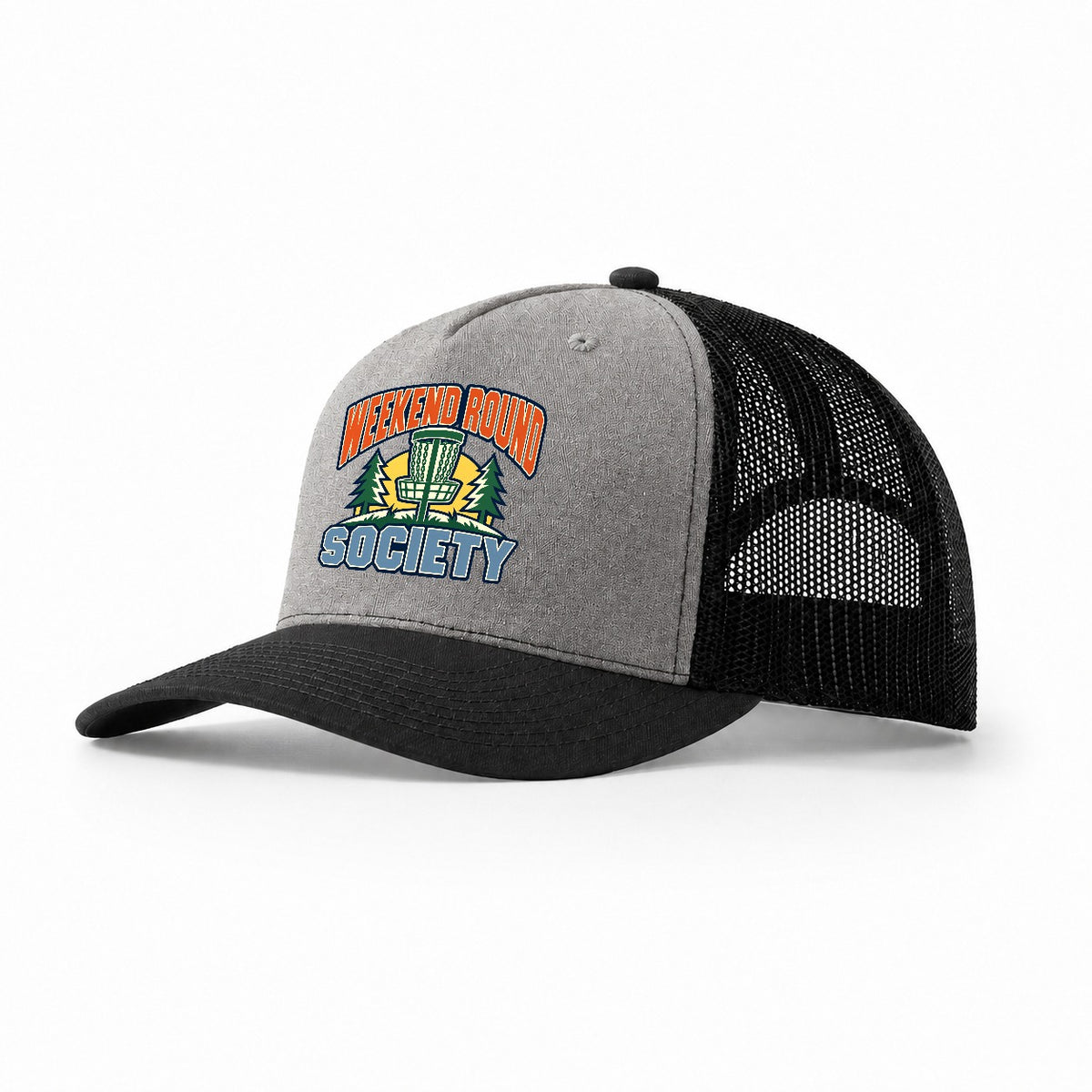 Weekend Round Society Disc Golf Trucker Hat – Grey Black