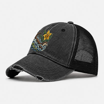 Welsh Otter And Daffodil Stream Uk Culture Heritage Washed Trucker Hat – Black