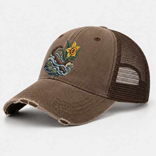 Welsh Otter And Daffodil Stream Uk Culture Heritage Washed Trucker Hat – Coffee