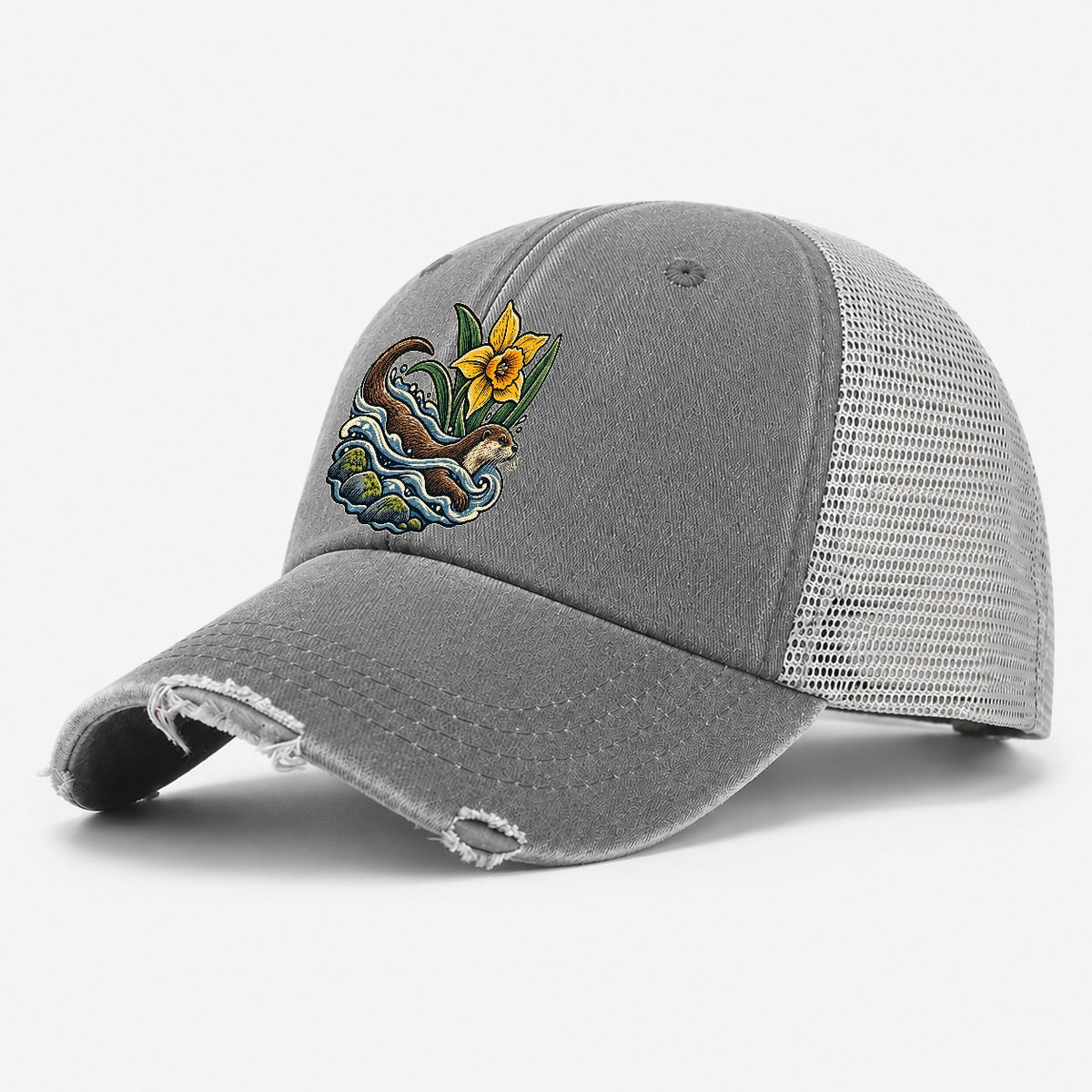 Welsh Otter And Daffodil Stream Uk Culture Heritage Washed Trucker Hat – Grey