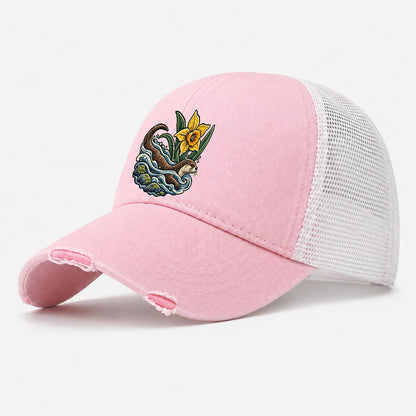 Welsh Otter And Daffodil Stream Uk Culture Heritage Washed Trucker Hat – Light Pink