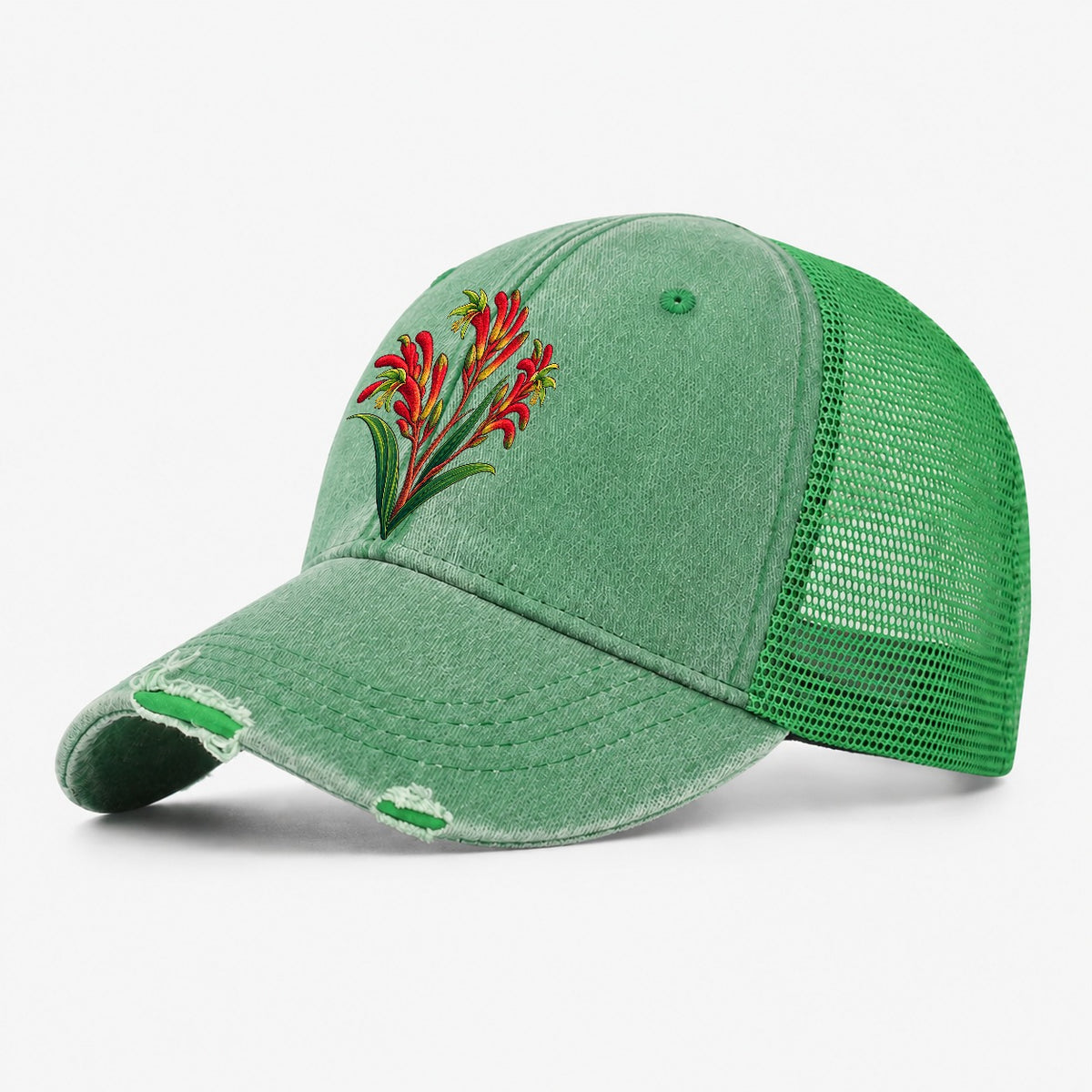 Western Australia Red And Green Kangaroo Paw Australia Cultural Icons Washed Trucker Hat – Ink Green