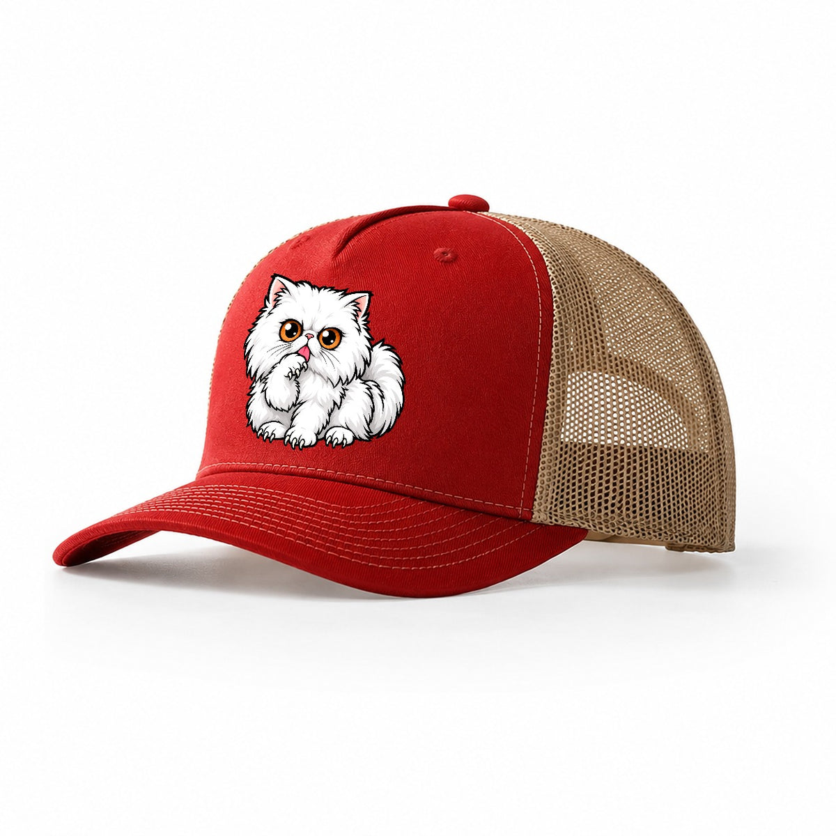 White Persian Grooming Peeking Cats Trucker Hat – Red Khaki