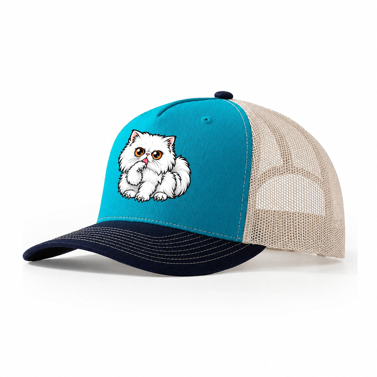White Persian Grooming Peeking Cats Trucker Hat – Teal Navy