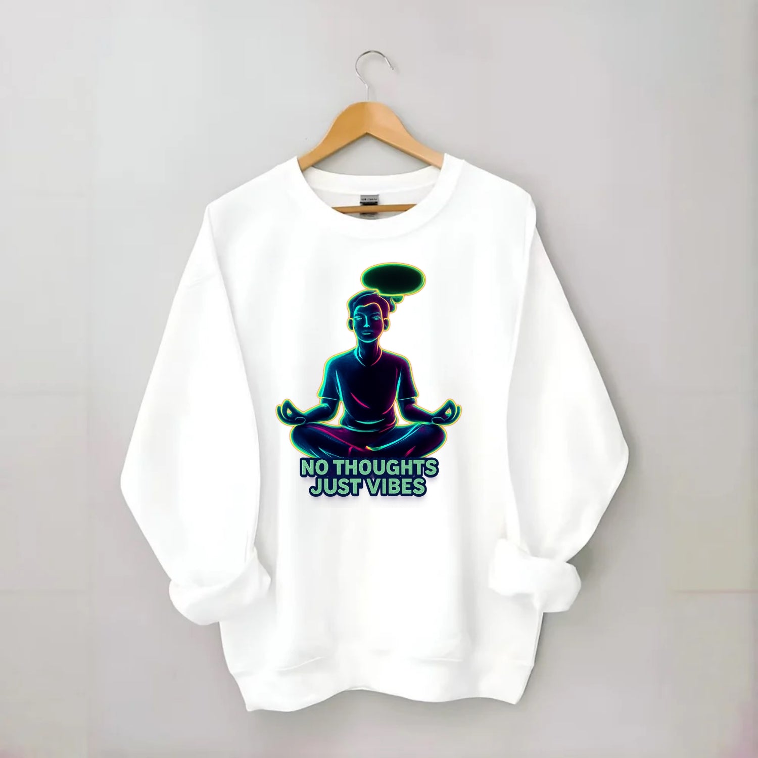 Peaceful floating figure with empty thought bubble - "no thoughts just vibes" - Crewneck Sweatshirt - white