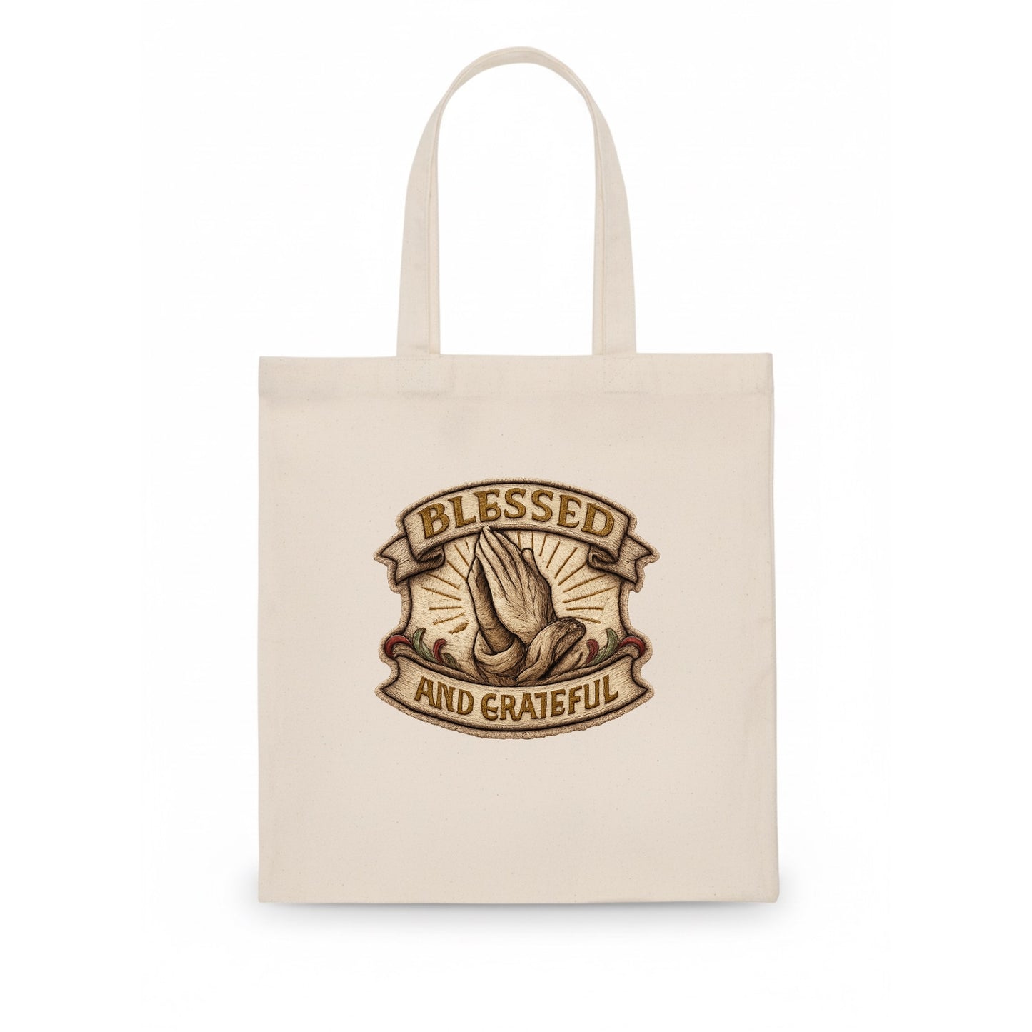 BLESSED AND GRATEFUL - praying hands with text in gold , thankful - Tote Bag - white