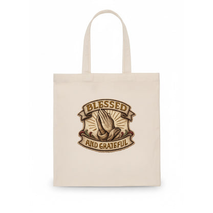 BLESSED AND GRATEFUL - praying hands with text in gold , thankful - Tote Bag - white