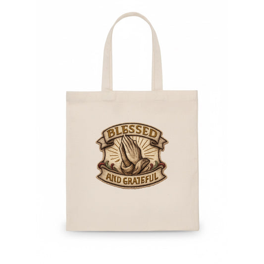 BLESSED AND GRATEFUL - praying hands with text in gold , thankful - Tote Bag - white