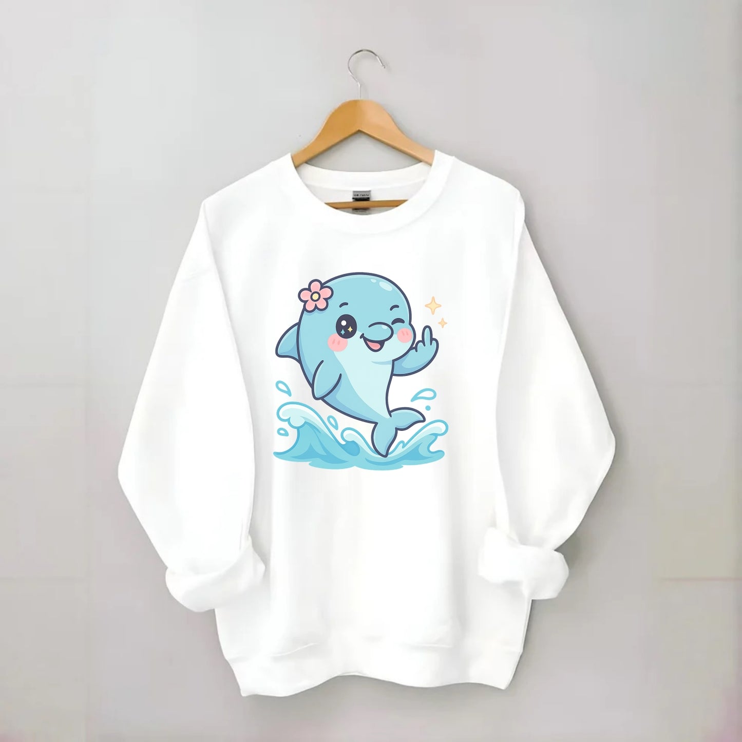smiling dolphin jumping through ocean waves, one fin up with attitude - Crewneck Sweatshirt - white