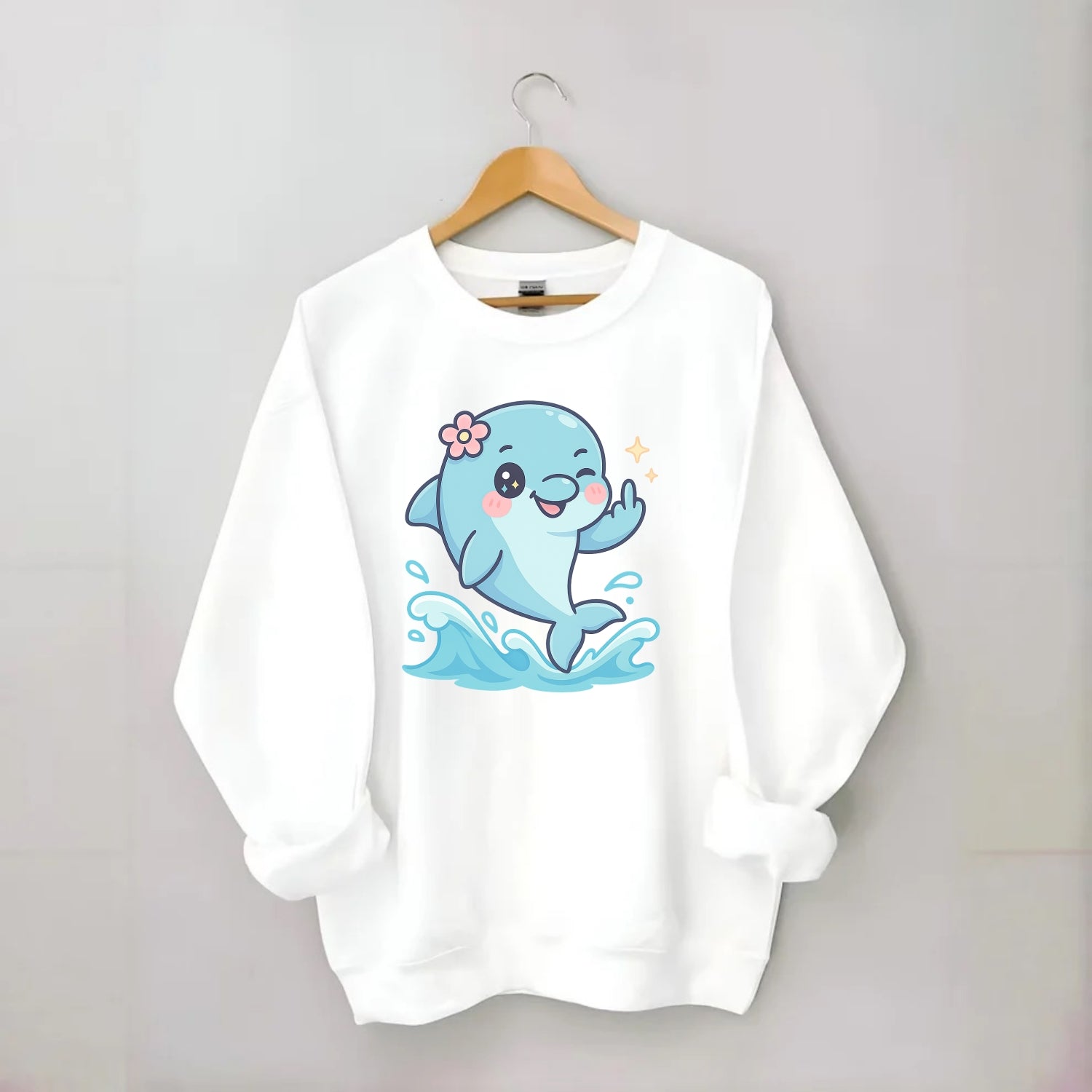 smiling dolphin jumping through ocean waves, one fin up with attitude - Crewneck Sweatshirt - white