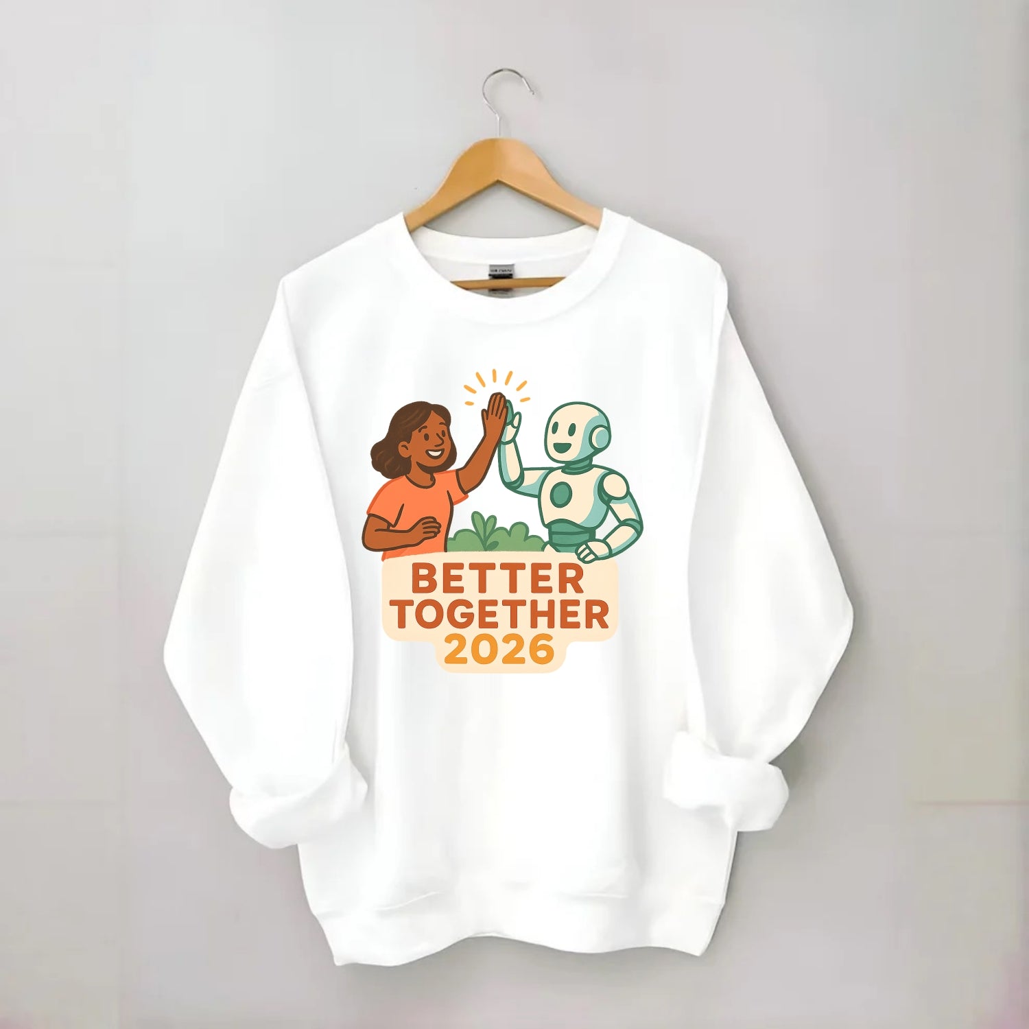 Human and AI robot high-fiving as collaborative partners - "Better Together - Crewneck Sweatshirt - white