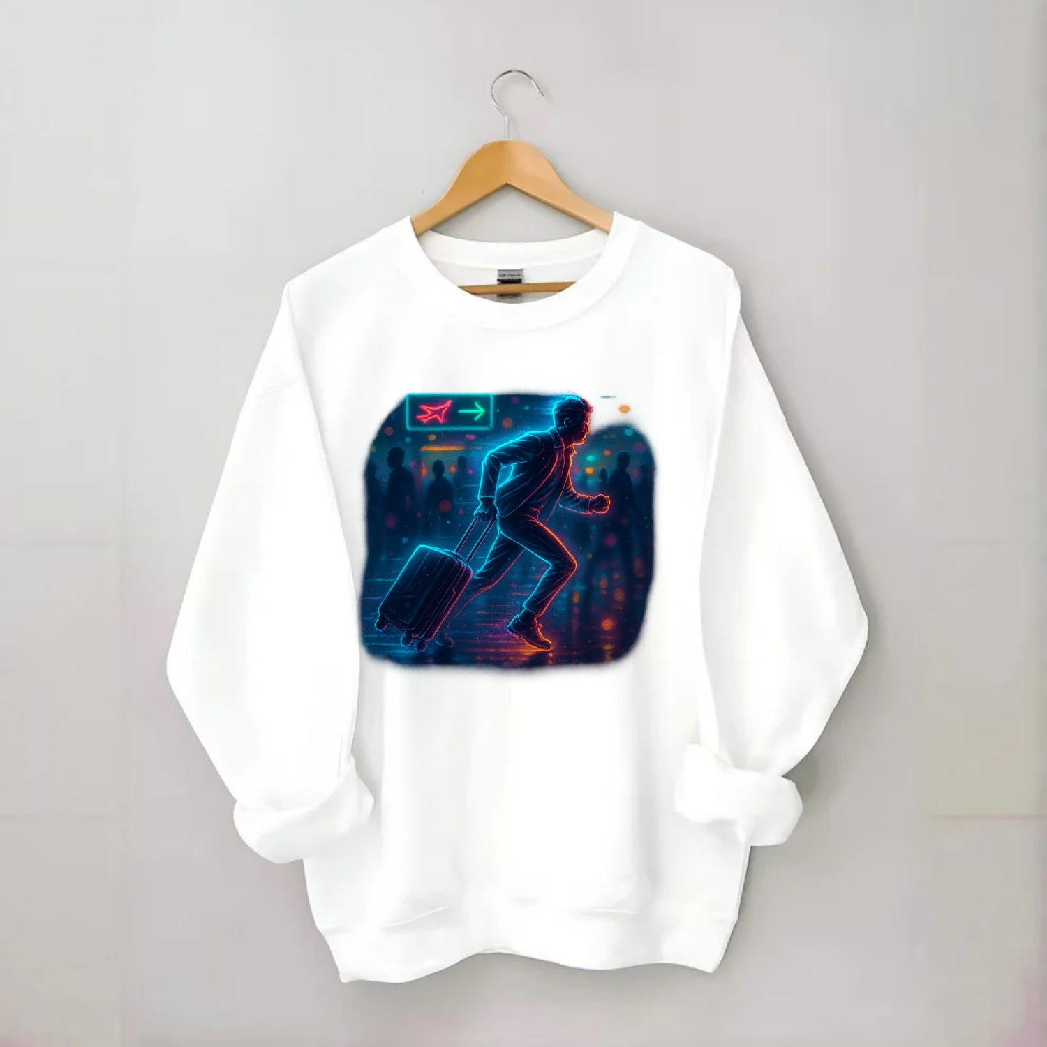 person running with luggage through crowded airport terminal - Crewneck Sweatshirt - white