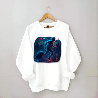 person running with luggage through crowded airport terminal - Crewneck Sweatshirt - white