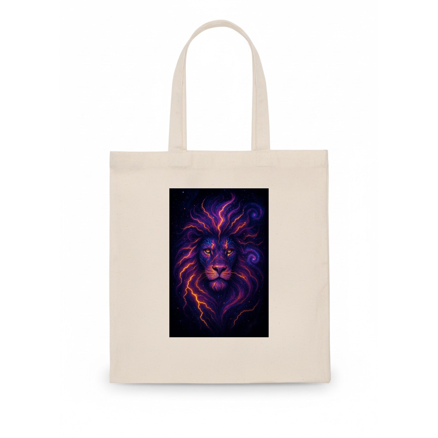 Regal lion with mane made of electric currents, neon yellow and hot pink energy flows, - Tote Bag - white