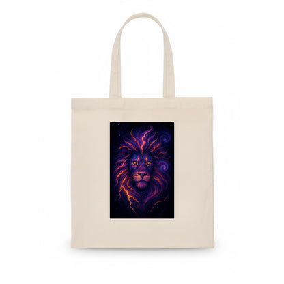 Regal lion with mane made of electric currents, neon yellow and hot pink energy flows, - Tote Bag - white