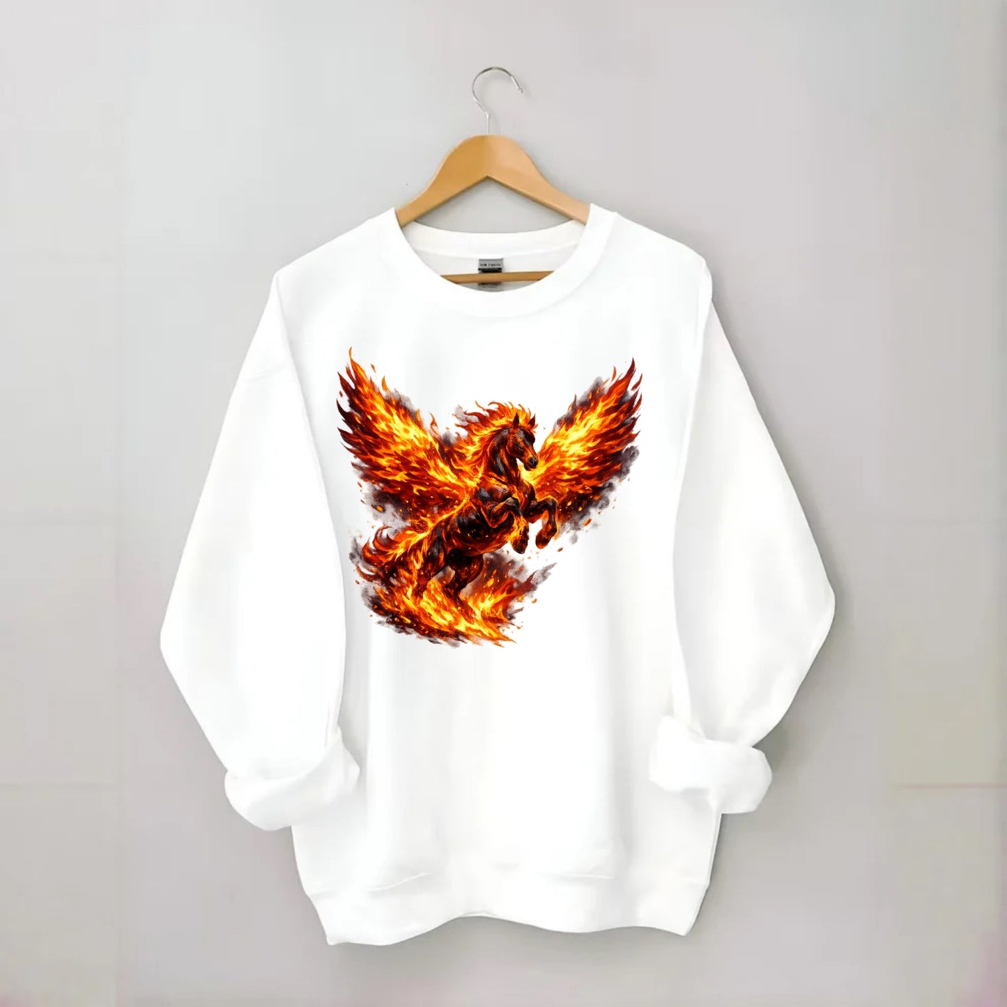 PHOENIX FIRE HORSE | Horse emerging from flames like phoenix | Rebirth - Crewneck Sweatshirt - white