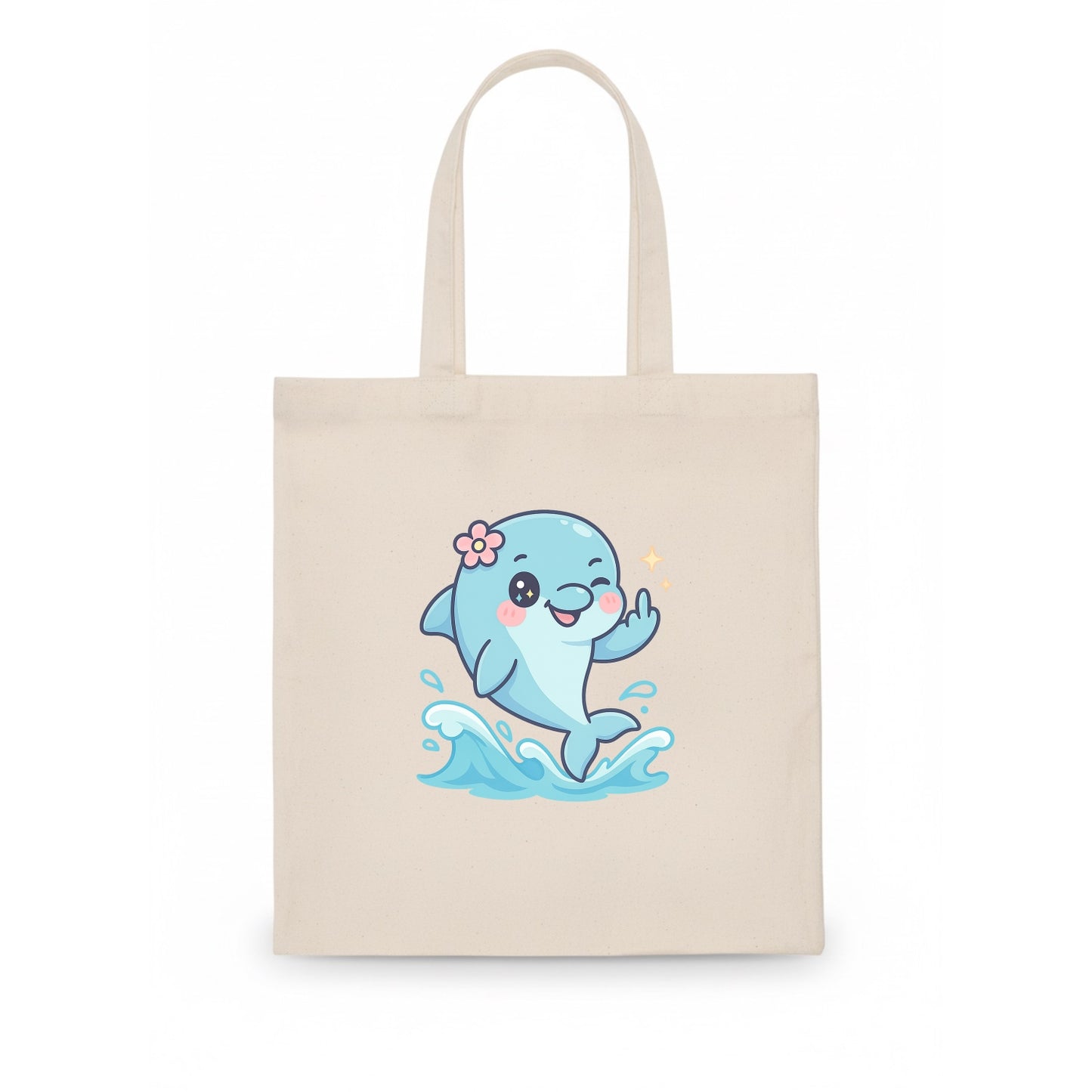 smiling dolphin jumping through ocean waves, one fin up with attitude - Tote Bag - white