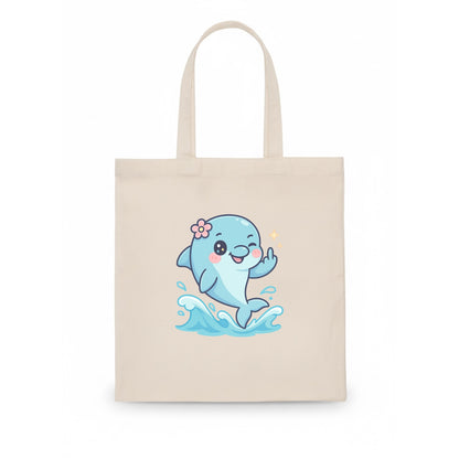 smiling dolphin jumping through ocean waves, one fin up with attitude - Tote Bag - white