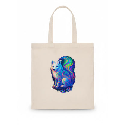 Graceful arctic fox with tail streaming aurora colors, white fur with prismatic - Tote Bag - white