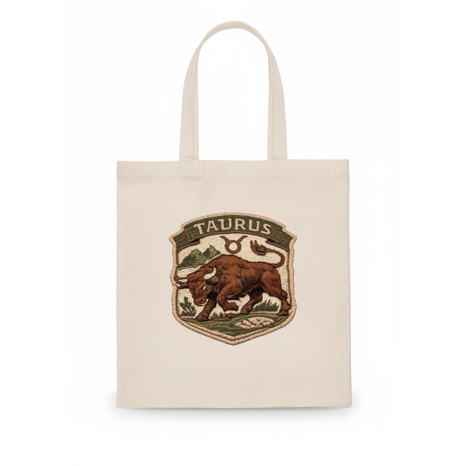 TAURUS BULL - strong bull in brown and green , earth sign - Tote Bag - white