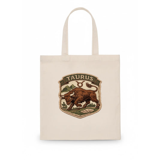 TAURUS BULL - strong bull in brown and green , earth sign - Tote Bag - white