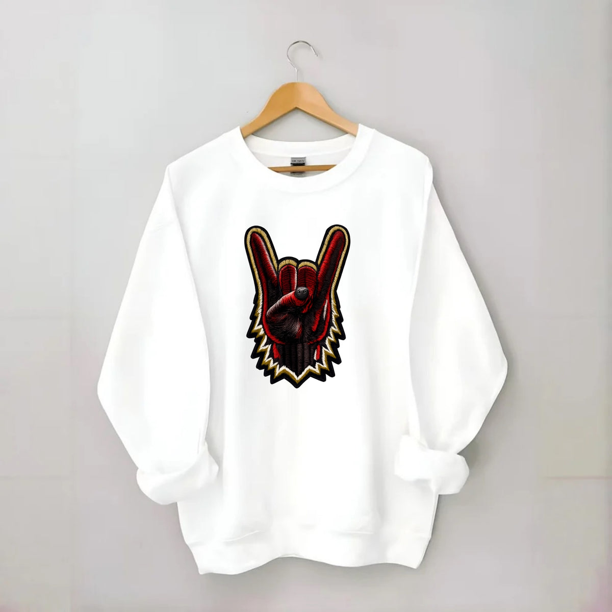 ROCK HAND HORNS - devil horns hand gesture in black and red , metal music - Crewneck Sweatshirt - white