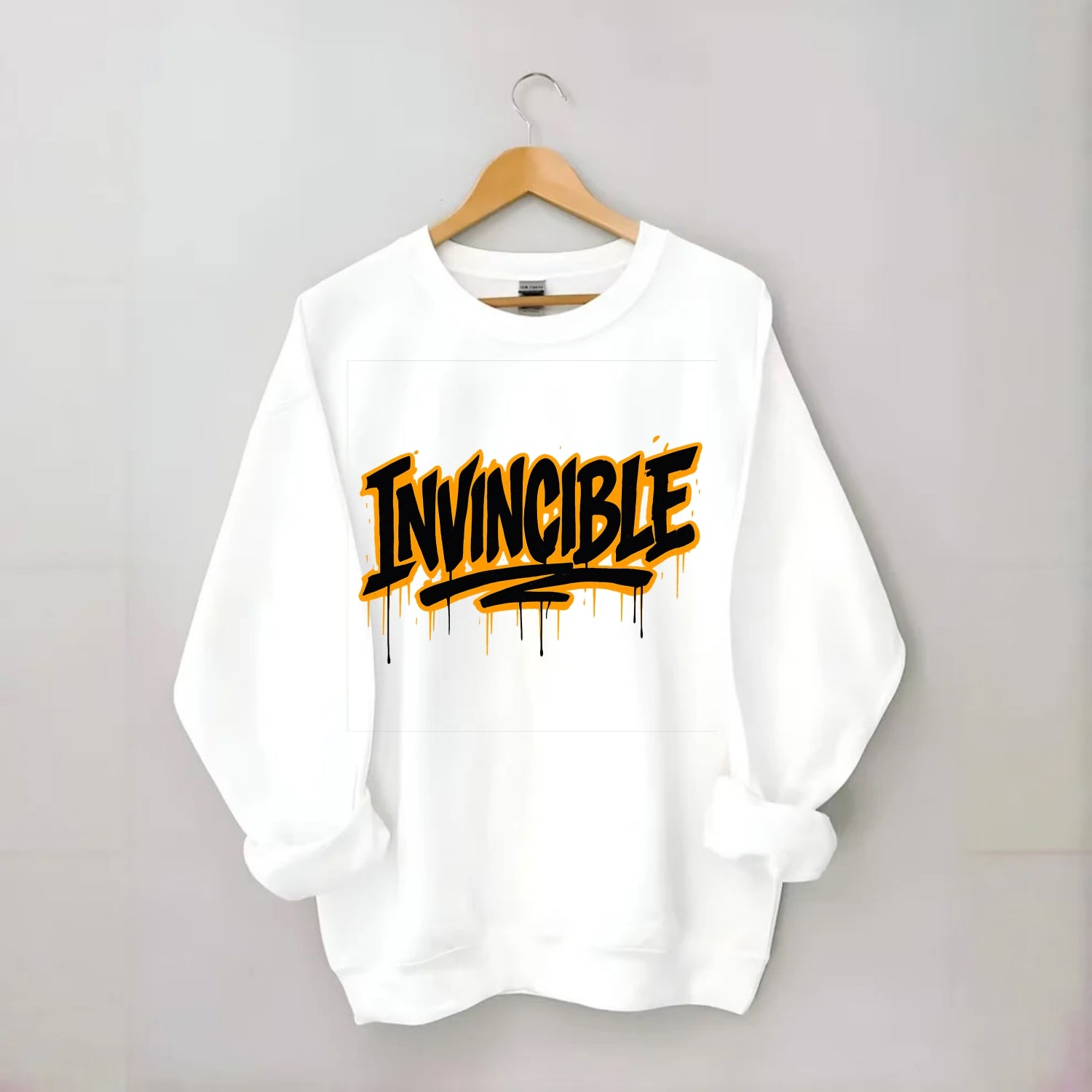Bold typography design - "INVINCIBLE" - cannot be defeated, unconquerable - Crewneck Sweatshirt - white
