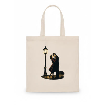 first kiss under vintage street lamp on cobblestone at night - Tote Bag - white