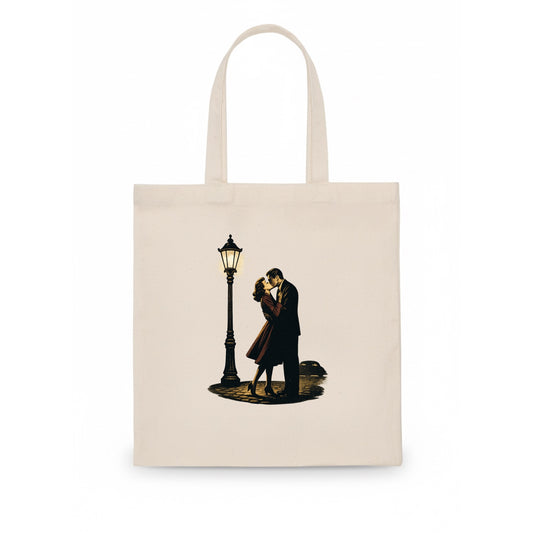 first kiss under vintage street lamp on cobblestone at night - Tote Bag - white