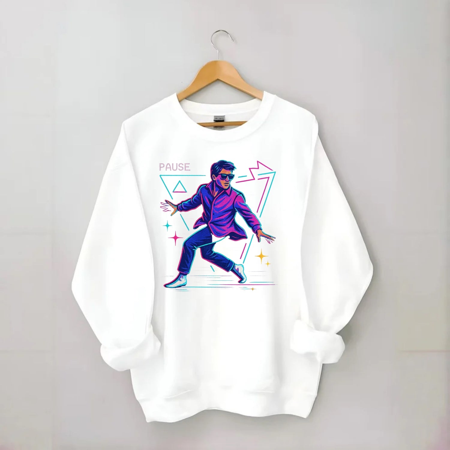 confident figure sliding across polished wooden floor in socks and sunglasses - Crewneck Sweatshirt - white