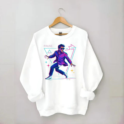 confident figure sliding across polished wooden floor in socks and sunglasses - Crewneck Sweatshirt - white