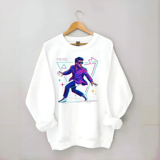 confident figure sliding across polished wooden floor in socks and sunglasses - Crewneck Sweatshirt - white