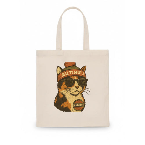 Maryland Calico Cat wearing Baltimore beanie with pom pom and wayfarer sunglasses - Tote Bag